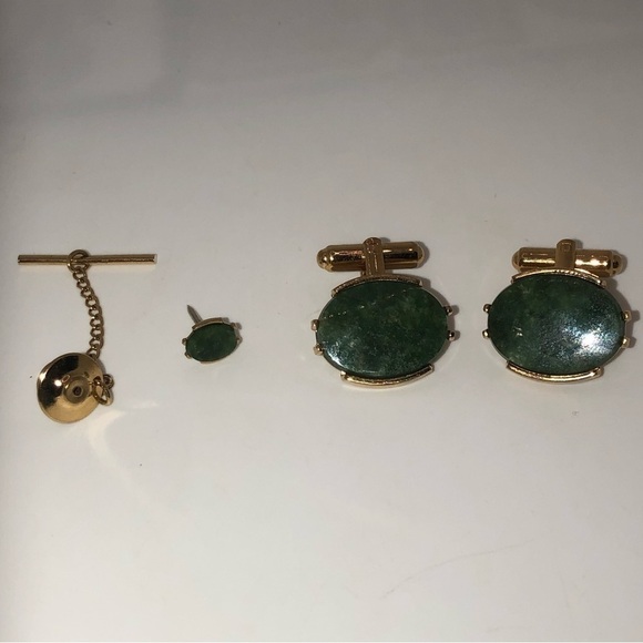 Vtg Senator Sherman Real Jade Stone Gold Tone Cufflinks & Tie Tack Set - Picture 2 of 10